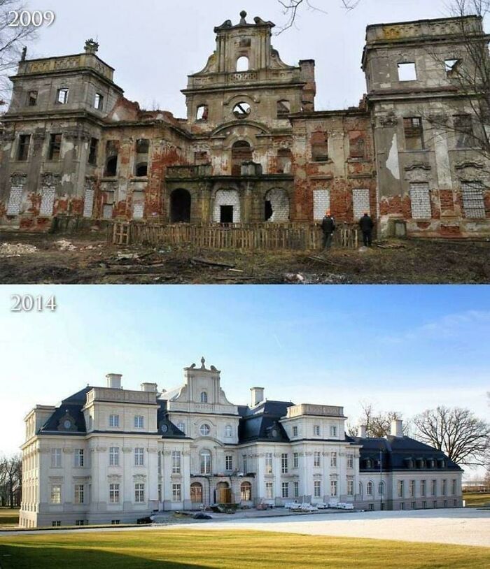 palais chróstnik 2009 vs. 2021. chróstnik, comté de lubin, pologne.