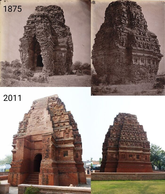 temple bhitargaon, kanpur, inde. 1875 et 2011. construit au 5e siècle ce et rénové par les britanniques en 1901. c’est la plus ancienne structure en briques encore existante en inde.