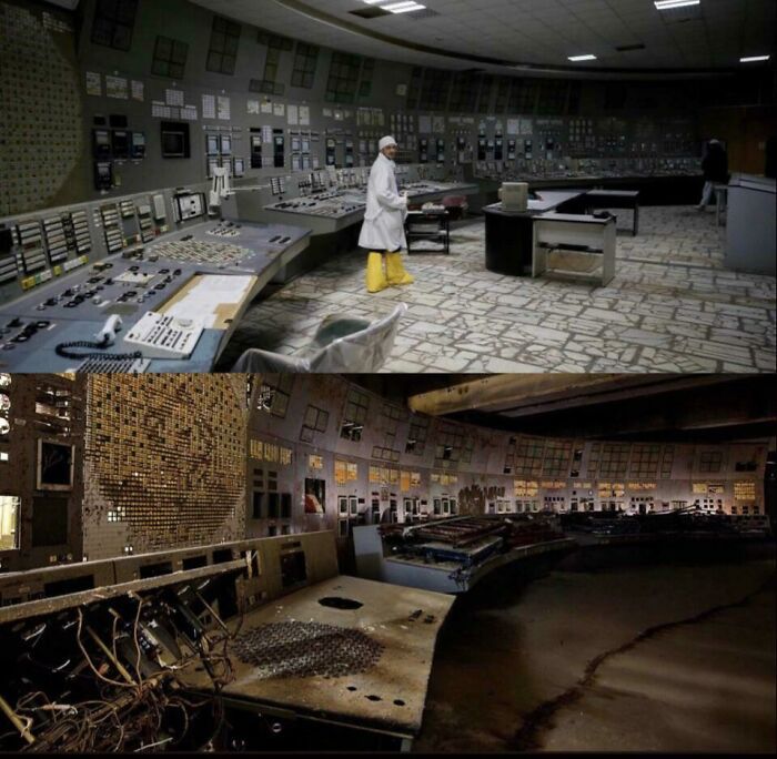 La salle de contrôle de la centrale de Tchernobyl en 1986 et maintenant