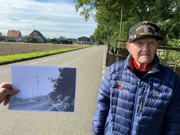 pour la première fois en 76 ans, robert white, vétéran de la seconde guerre mondiale, se tient à proximité de l’endroit où il a atterri après avoir sauté en allemagne en mars 1945. il était parachutiste dans la 17e division aéroportée.