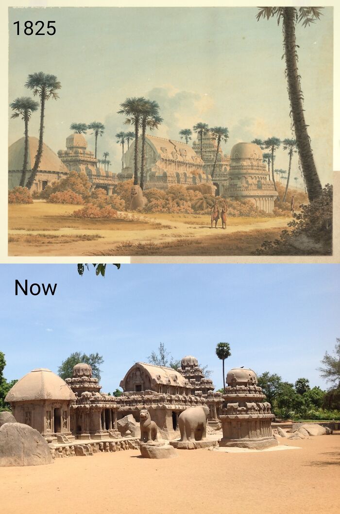 monument de panch ratha, mahabalipuram, inde. temples monolithiques sculptés dans des roches de granit entre 630 – 668 ce. croquis de 1825 par j. braddock j. gantz et maintenant. c’est un site du patrimoine mondial de l’unesco.