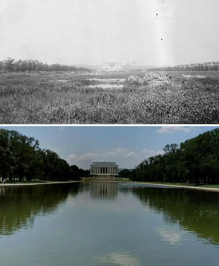 le mémorial de lincoln en 1920 avant la construction de la piscine réfléchissante.