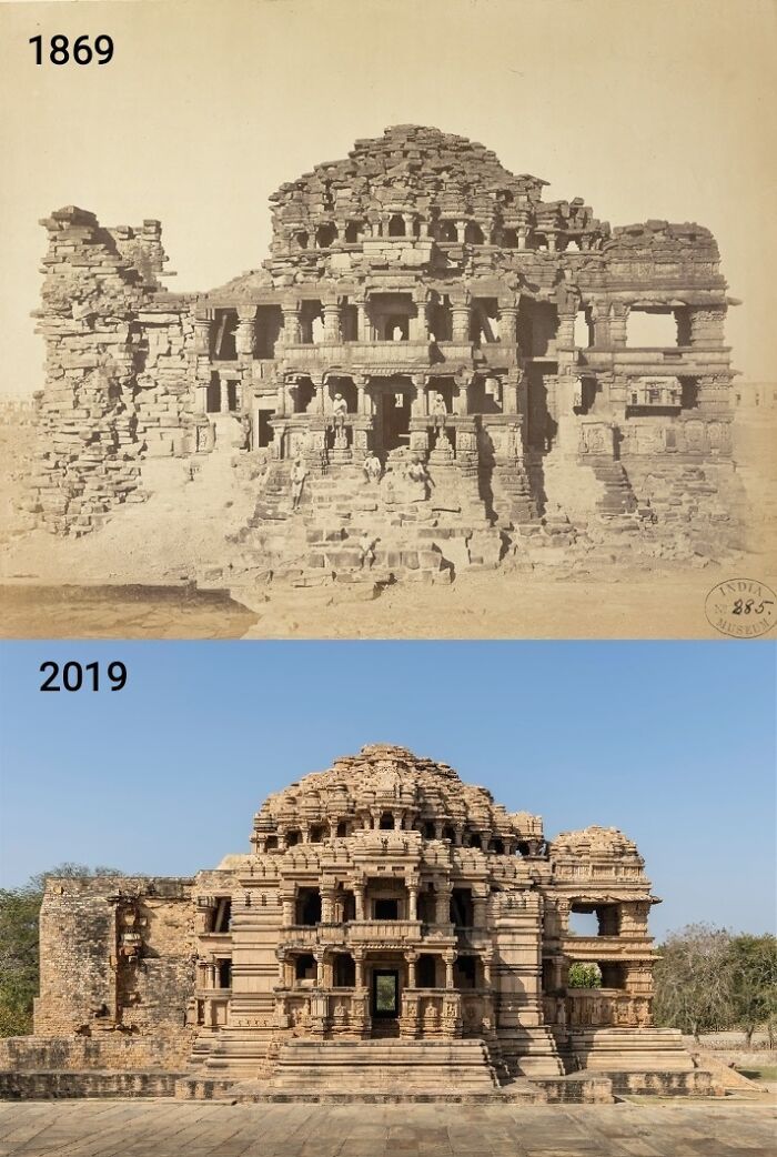 temple sas-bahu, fort de gwalior, gwalior, inde. 1869 et 2019. Le temple a été construit en 1093.