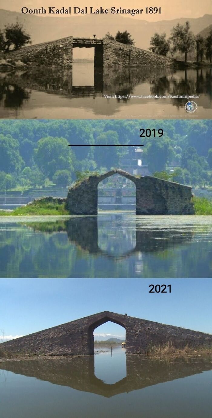 pont ooth kadal, au milieu du lac dal, srinagar, kashmir, inde. 1891, 2019, 2021. construit dans les années 1670 par les mughals. restauré en 2021 avec l’aide du gouvernement allemand.