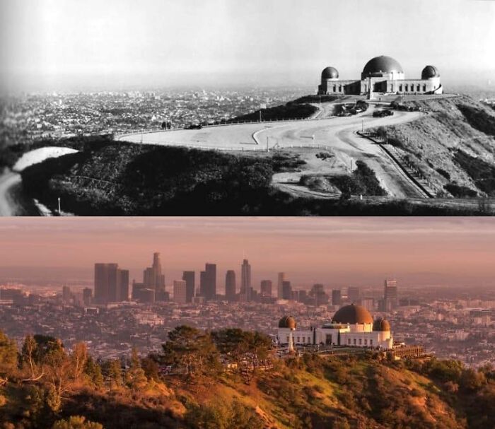 observatoire du parc griffith avec le paysage urbain de los angeles en arrière-plan (ca. 1930s / 2019)