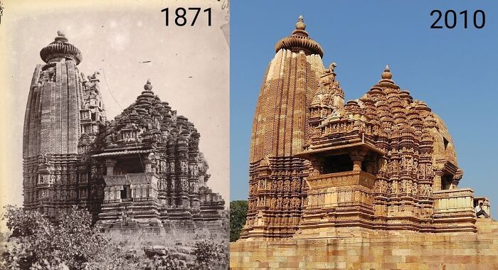 temple vamana, khajuraho, inde. construit en 1050. photographié en 1871 et 2010.