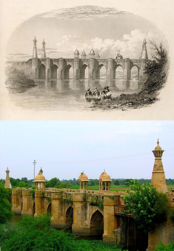 pont de noorabad, morena, inde. 1829 et 2018. construit de 1605 à 1627.