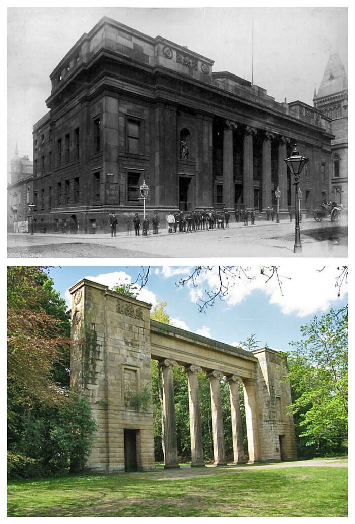 ancien hôtel de ville de manchester, manchester. photographié entre 1878 et 1897 et aujourd’hui