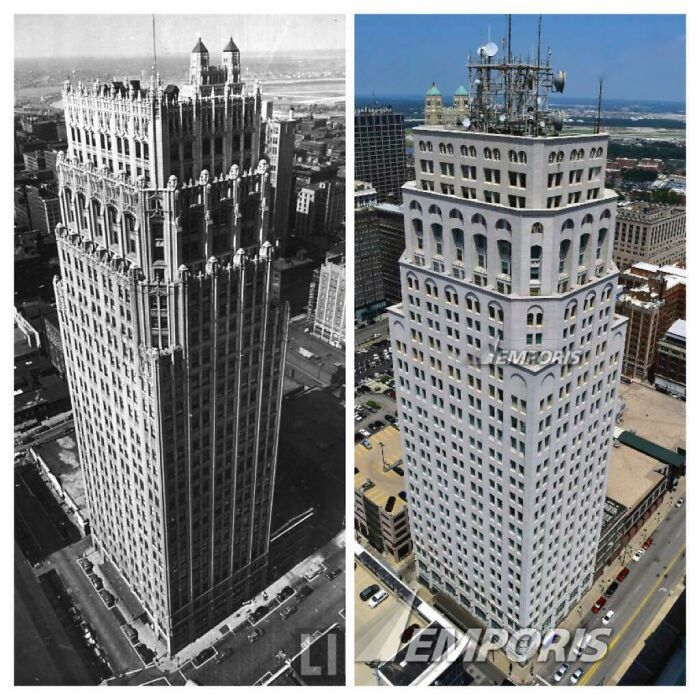 oak tower à kansas city. le bâtiment a été “mis à jour” dans les années 70 en retirant la terre cuite et les gargouilles.