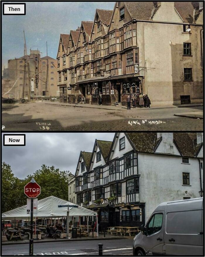 l’auberge llandoger trow, bristol, royaume-uni. construite en 1664, c’est l’un des pubs les plus anciens et les plus connus de bretagne. on dit qu’elle a inspiré “l’île au trésor” de robert louis stevenson et “robinson crusoe” de daniel defoe.