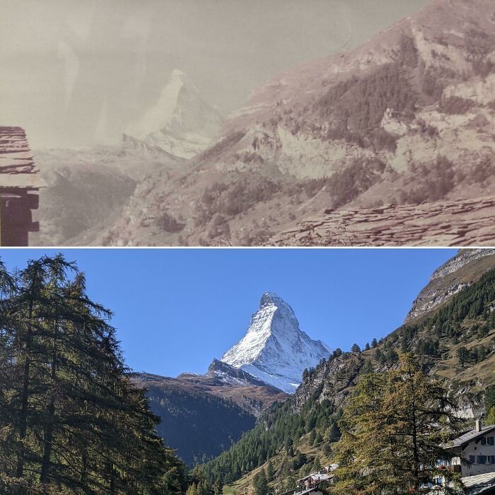 la photo de ma grand-mère du matterhorn de zermatt et la mienne, à environ 50 ans d’intervalle