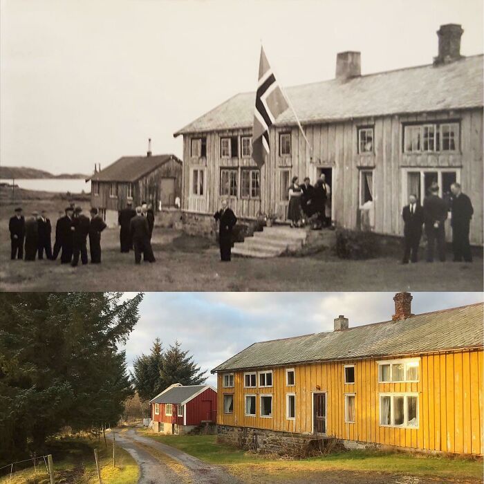 début des années 1900 vs. 2021, même endroit. aukra, norvège