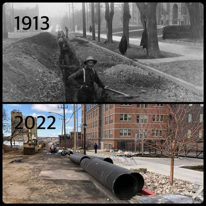 la construction d’un égout en 1913, et les travaux effectués à cet endroit 109 ans plus tard. ogden, utah.