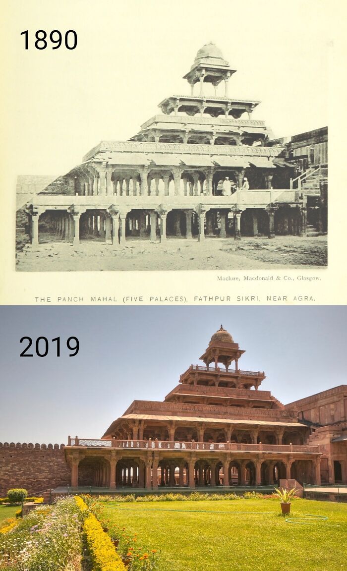 panch mahal, fatehpur sikri, agra, inde. 1890 et 2019.