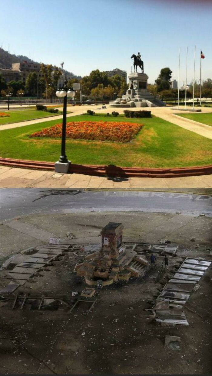 avant et après la place baquedano (santiago, chile). détruite par des émeutes constantes