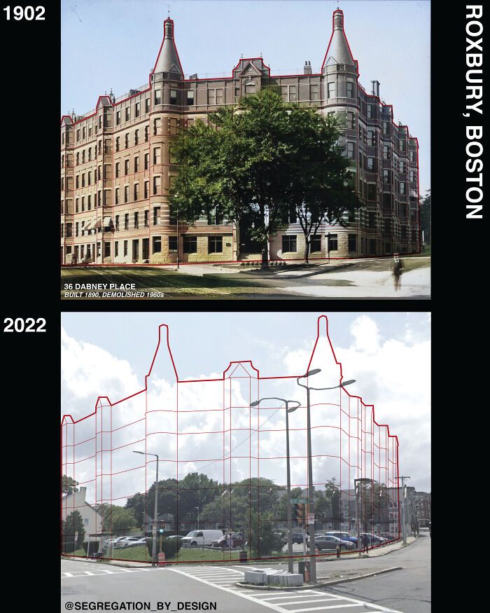 warren sq. (défunt), roxbury, boston ma, 1902 (colorisé) vs. 2022 (de google earth)