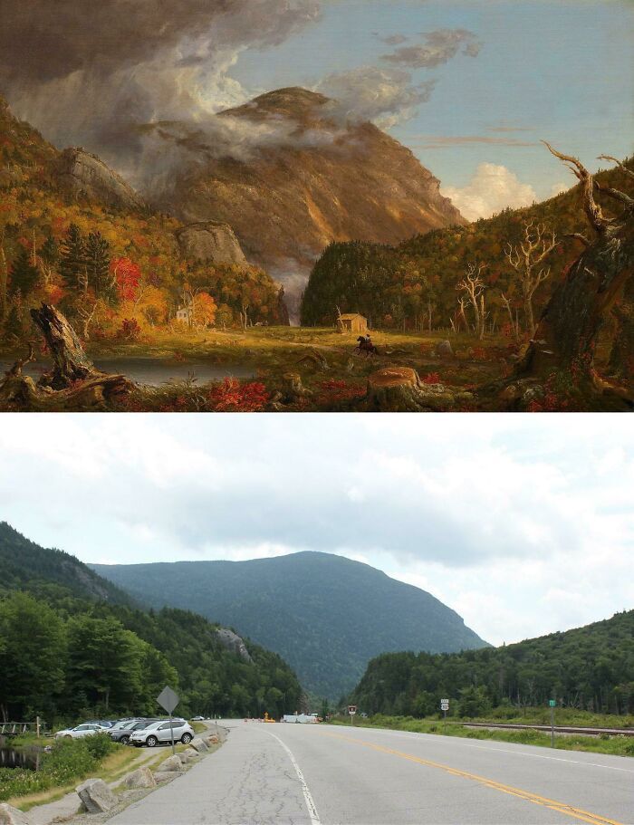 crawford notch dans le new hampshire, dans une peinture de thomas cole de 1839 et une photographie de 2018