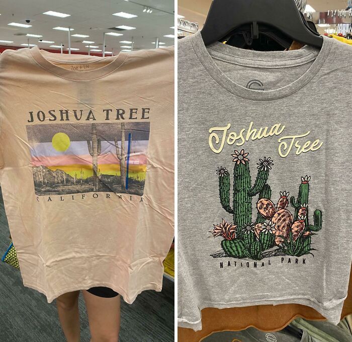 deux t-shirts différents trouvés dans deux magasins différents à tucson, az – ce sont des cactus saguaro – on ne les trouve pas dans le parc national de joshua tree