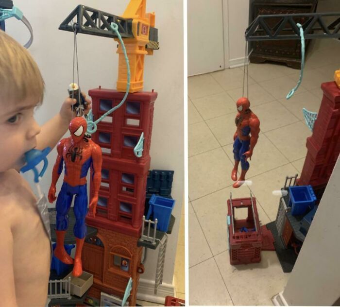 Je ne sais pas exactement ce que Spider-Man a fait, mais il est accroché là depuis quelques jours et mes deux enfants jouent autour de lui comme si rien ne se passait.