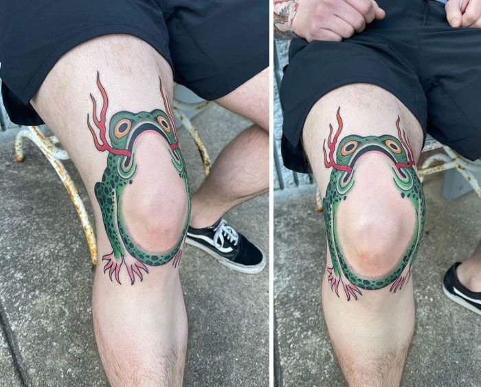Un autre tatouage de genou cool. Ribbit ribbit quand il bouge