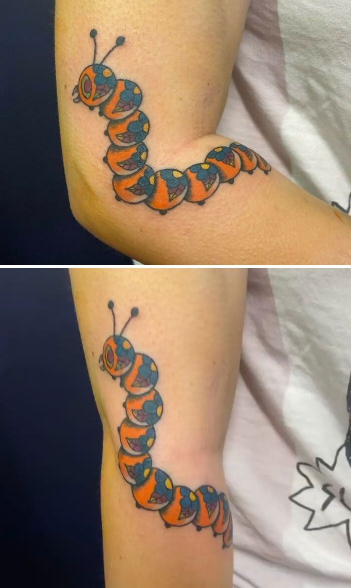 J’adore tatouer avec cette encre orange ! J’aimerais faire des tatouages plus colorés dans des positions amusantes comme celle-ci.