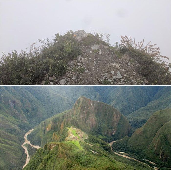 ma vue du haut du mont machu picchu vs. ce que la vue aurait pu être