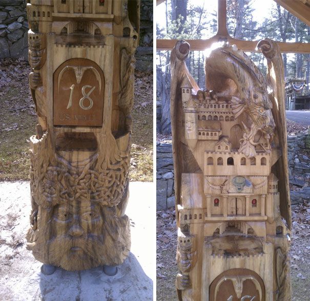 Mon voisin fait de la sculpture sur bois comme passe-temps. Voici sa boîte aux lettres