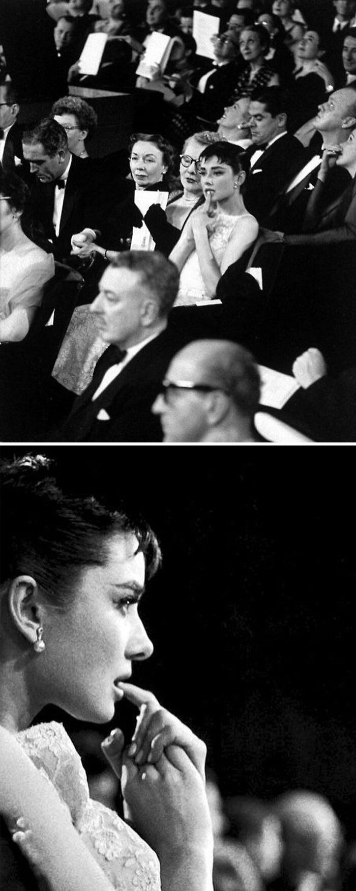 Audrey Hepburn attend nerveusement l’annonce de la meilleure actrice lors de la 26e cérémonie des Academy Awards, 1954.