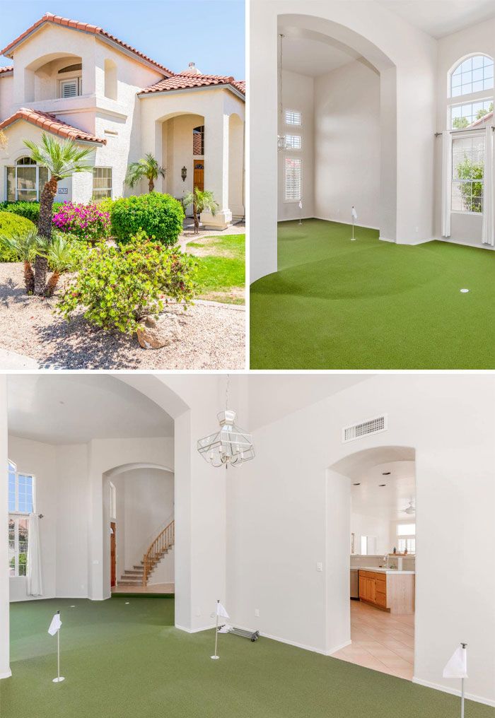 Cette maison est mise en vente ici à Phoenix pour 1 million de dollars. Le propriétaire a dépensé 7 000 dollars pour installer un putting green dans ce qui était le salon et la salle à manger officiels.