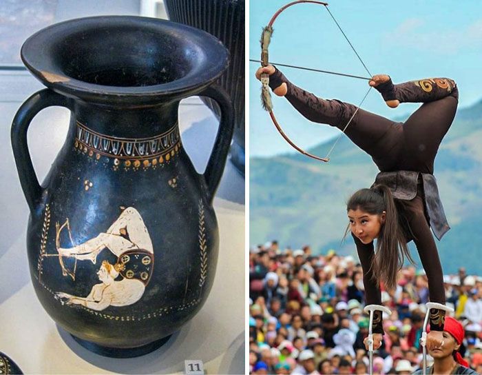 La première image montre un pelike grec antique représentant une femme acrobate tirant une flèche avec ses pieds. L’artefact date du 4e siècle avant J.-C. La deuxième image montre un archer acrobatique aux Jeux mondiaux des nomades 2016 qui se sont tenus au Kirghizistan.