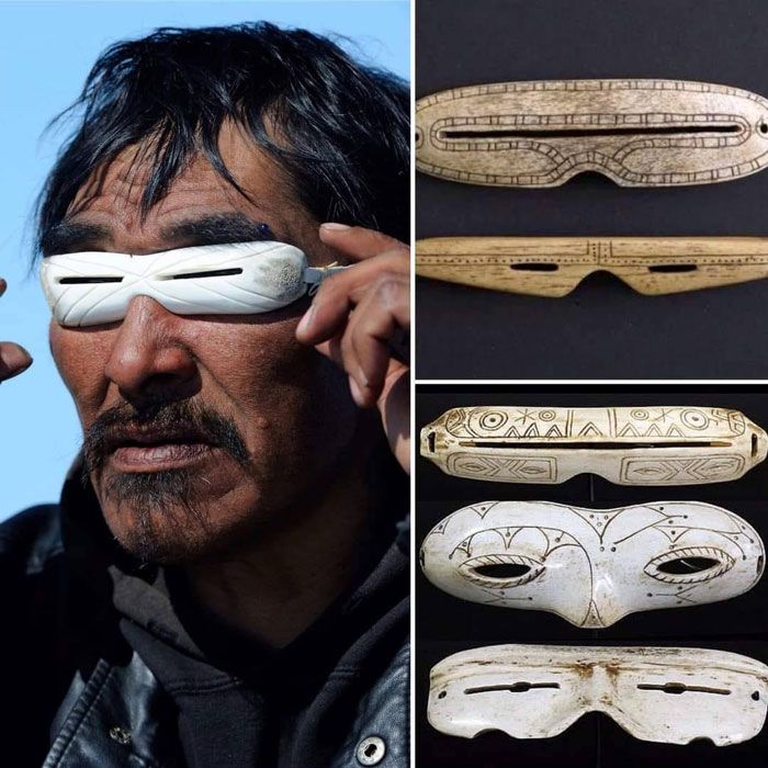 Les peuples vivant dans les régions nordiques et dans des climats enneigés sévères, comme les Inuits, ont sculpté des lunettes de soleil en baleine, en corne et en ivoire pour se protéger de l’éblouissement.
