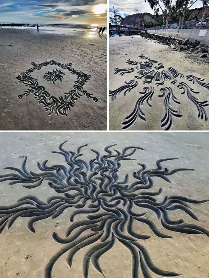 Sculpture sur sable sur la plage. J’ai créé des outils pour couper dans le sable et enlever l’excédent en un seul mouvement. comté d’orange, californie