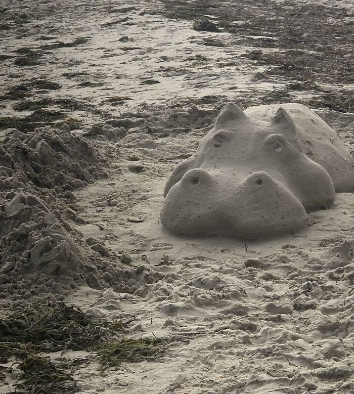 quelqu’un a fait un hippopotame en sable à la plage