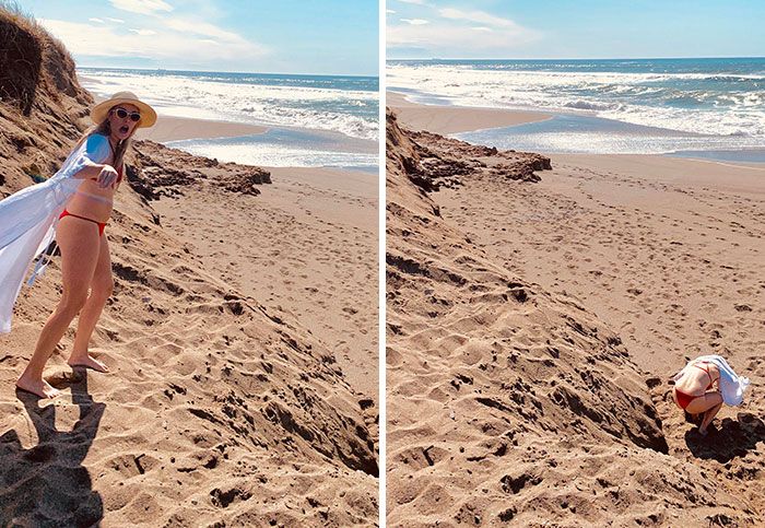 J’ai demandé à ma mère si elle pouvait prendre une photo de moi en train de sauter en plein vol d’une dune de sable. Elle m’a assuré qu’elle pouvait le faire. Voici les deux photos qu’elle a obtenues.