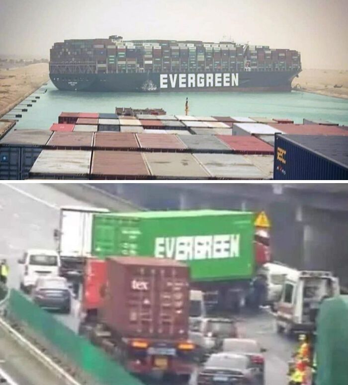 le camion evergreen se retrouve coincé sur une autoroute en chine de la même façon que cela s’est produit pour le bateau dans le canal de suez.