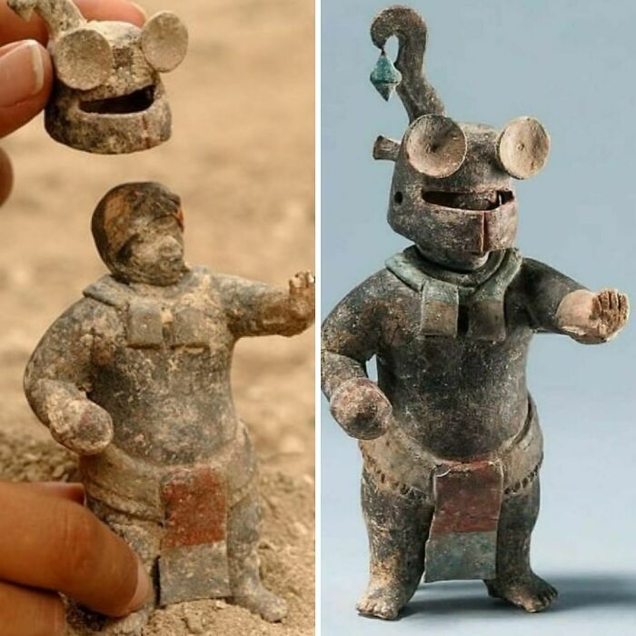Figurine maya en céramique de 1 500 ans avec casque amovible, provenant d’el perú-waka, petén, guatemala