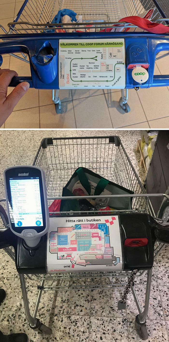 En Suède, les caddies ont une carte du supermarché.