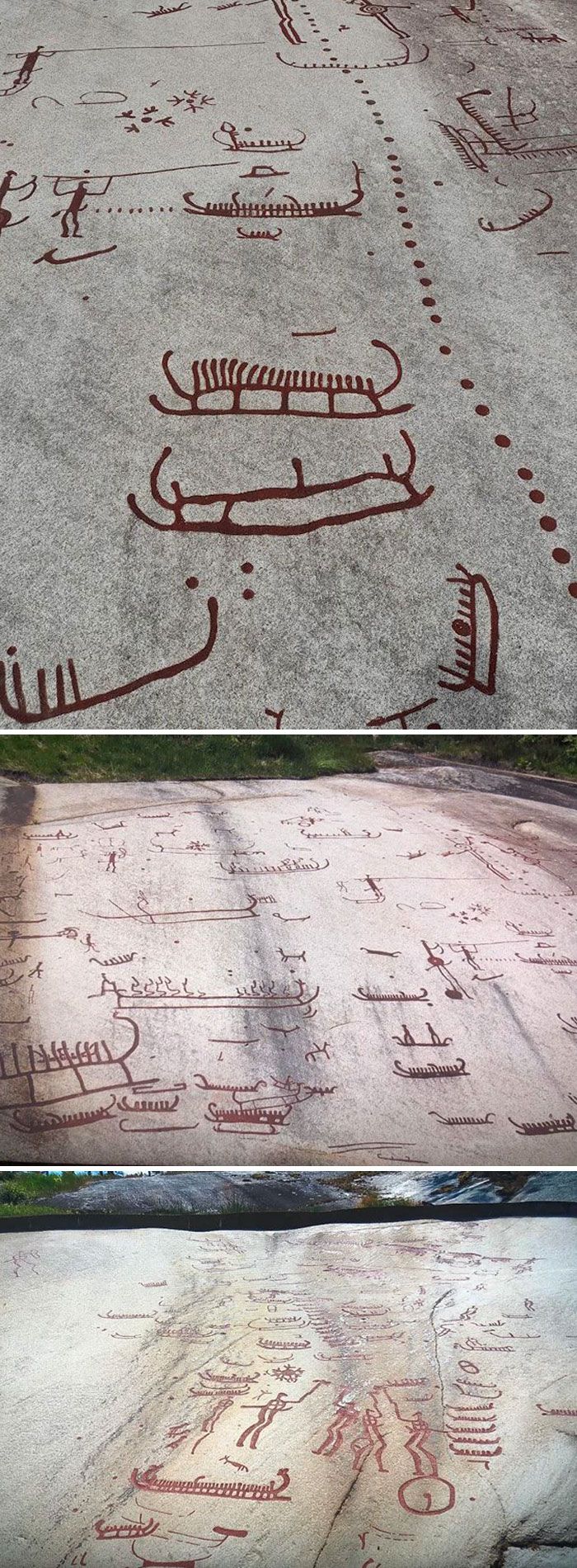 Des pétroglyphes vieux de 3 500 ans découverts à Tanum, en Suède. Certaines des sculptures représentent des bateaux, des animaux, des personnes et des créatures mythologiques.