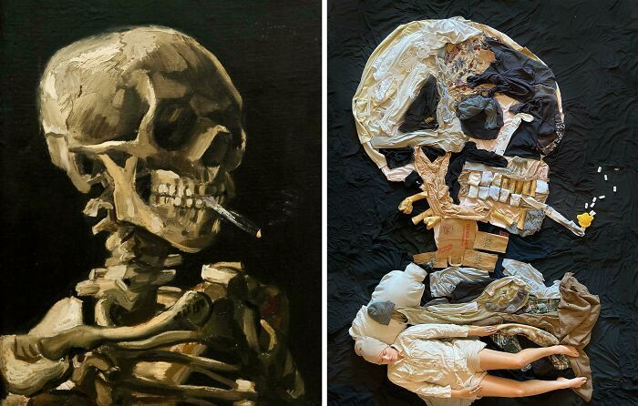mon chien et moi avons recréé le tableau du crâne fumant de van gogh avec du tissu, des vêtements, etc. Le tableau original est à gauche, notre recréation à droite.