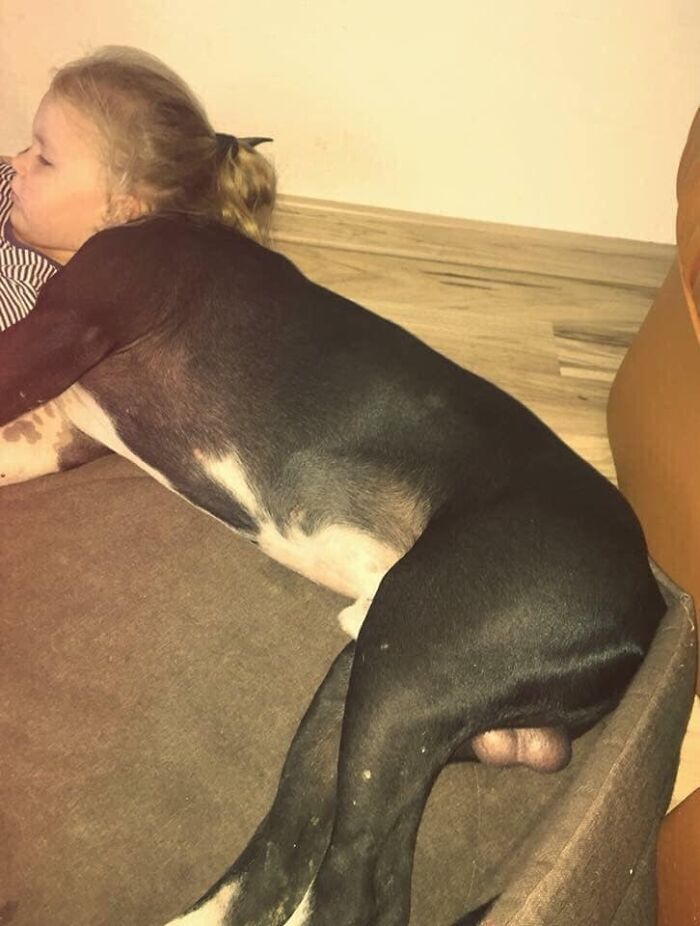 une fille allongée contre un chien