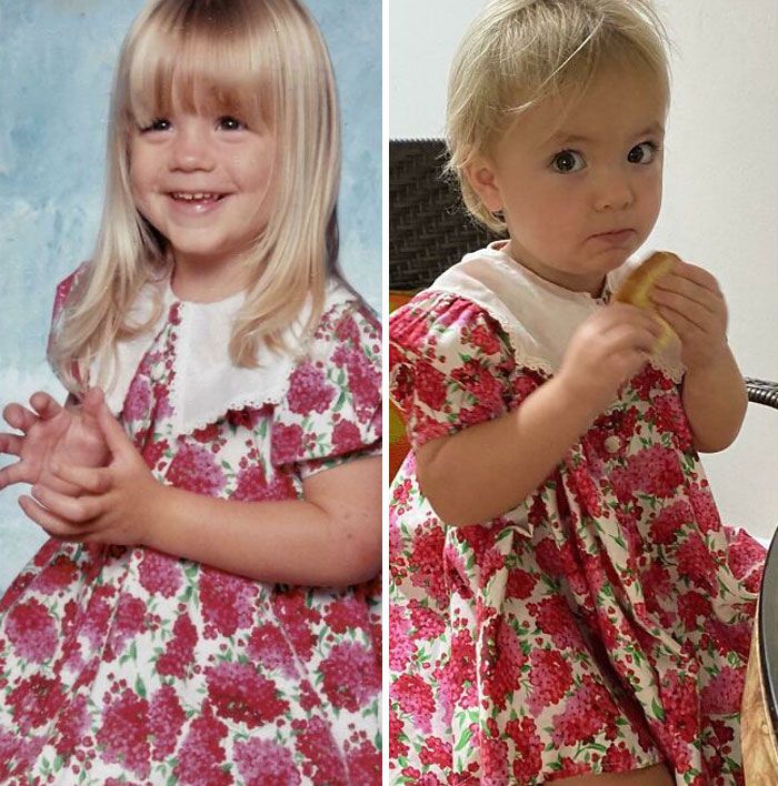 Ma fille et ma femme portant la même robe à 28 ans d’intervalle. Cela m’a fait sourire.