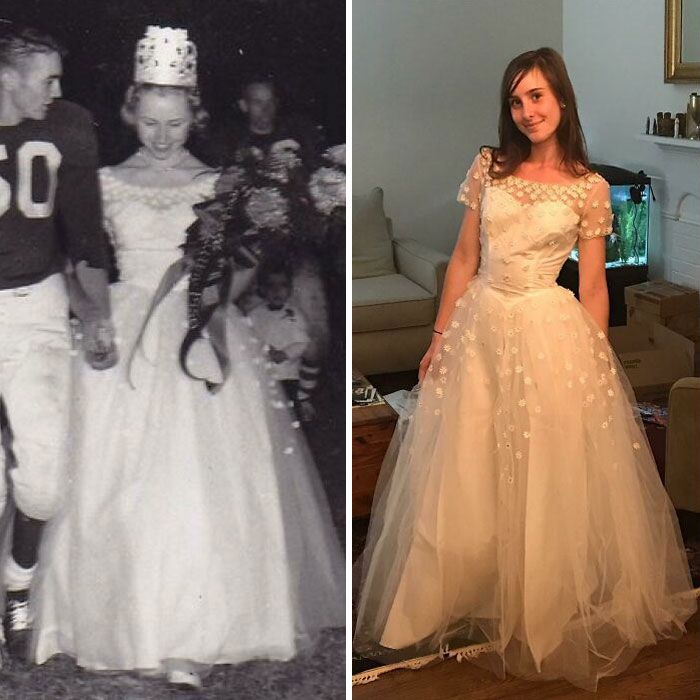 ma grand-mère lors d’un match de football du Homecoming en 1957, et moi dans la même robe 60 ans plus tard