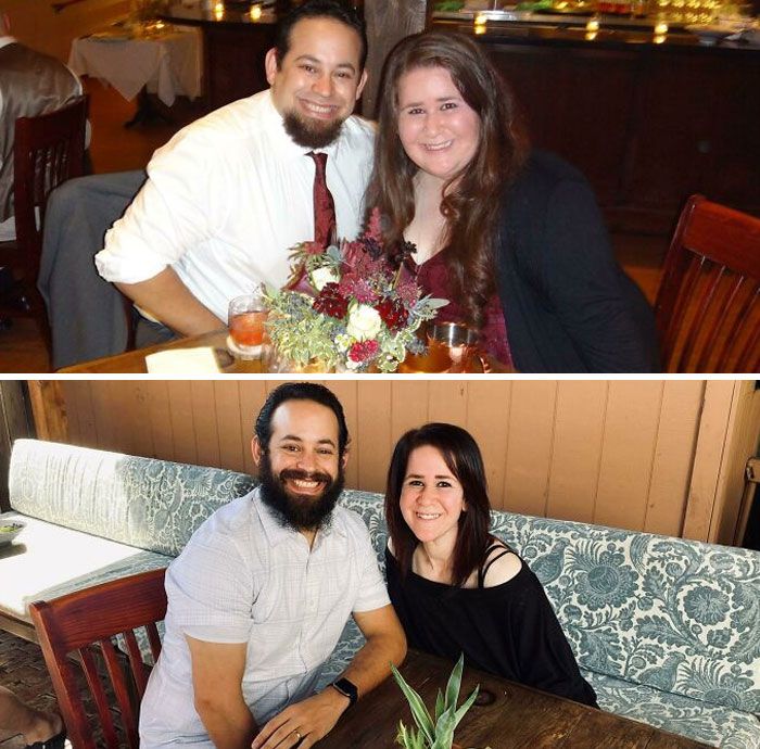 Ces photos ont été prises dans le même restaurant, mais à environ 2 ans d’intervalle. Il a perdu 90 livres et j’ai perdu 135 livres.