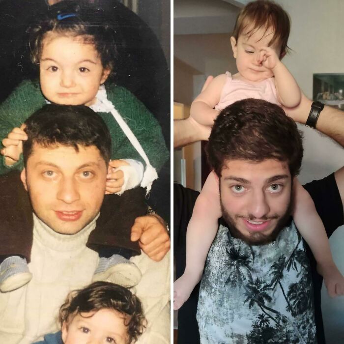 mon père tenant sa nièce, Mariam, au début des années 2000 vs. moi tenant ma nièce, également nommée Mariam, en 2020.