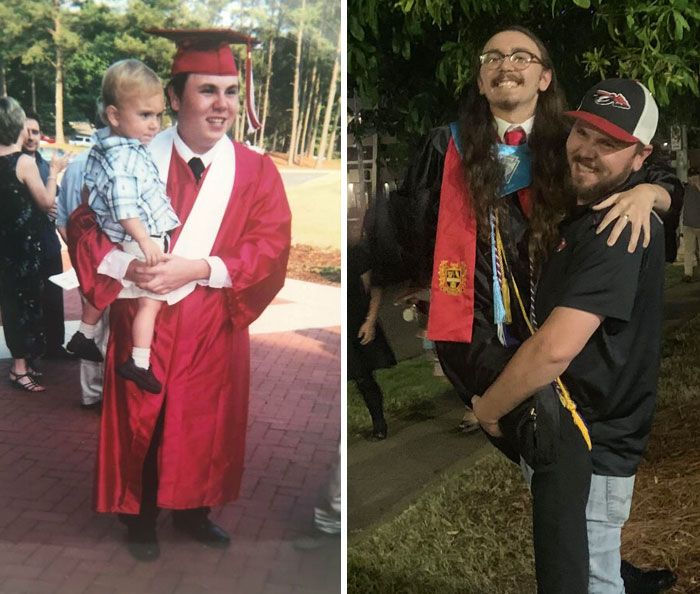 Moi tenant mon fils lors de la remise de mon diplôme d’études secondaires contre moi tenant mon fils lors de sa remise de diplôme d’études secondaires.