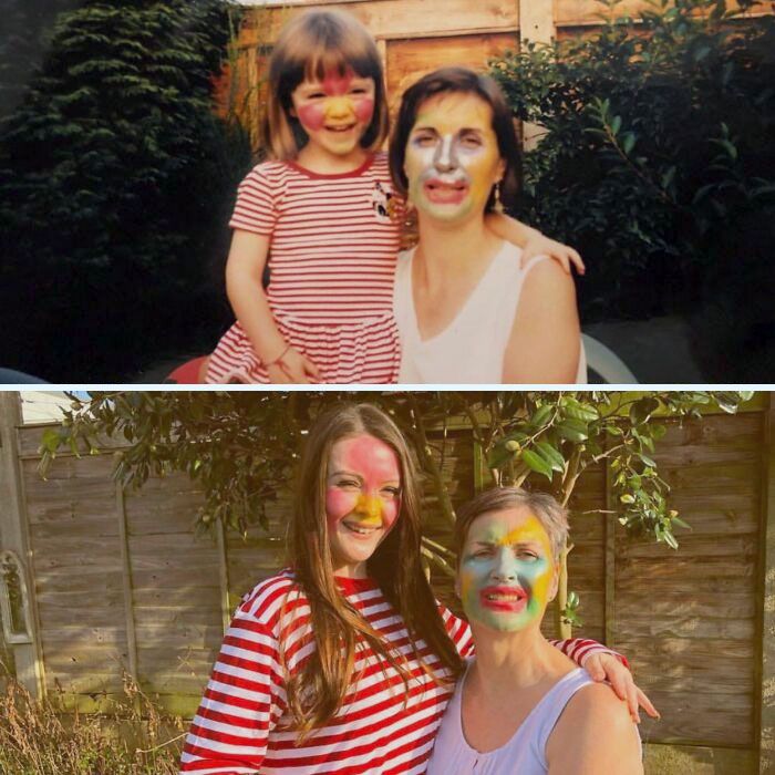 J’ai pensé que tu aimerais aussi celle-ci. Il y a environ 20 ans entre ces deux photos de moi et de ma mère. J’ai peint son visage, elle a peint le mien.