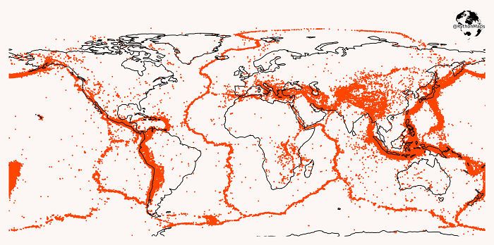 Cette carte montre tous les tremblements de terre d’une magnitude supérieure à 5,0 au cours des 20 dernières années.