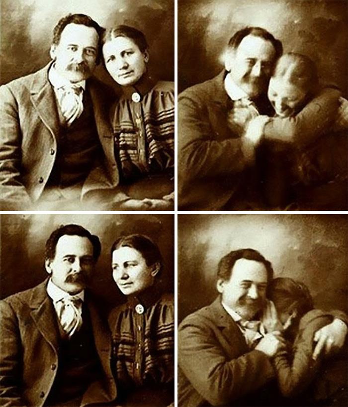 un couple victorien qui essaie de ne pas rire pendant qu’il se fait tirer le portrait, années 1890