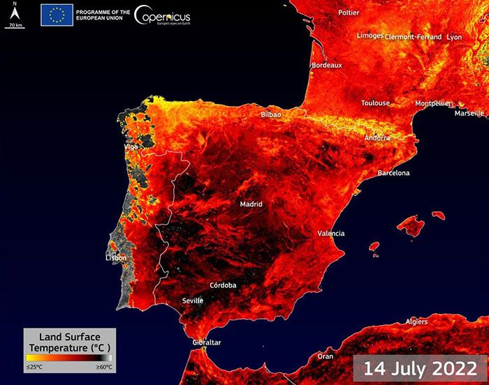 plus que 59°c a été mesuré sur la surface du sol en espagne et 48°c dans le sud sur la france