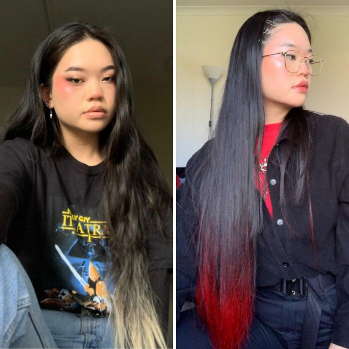 J’ai teint mes pointes blondes en rouge ! Je joue avec la couleur avant qu’elle ne pousse et que je la coupe.